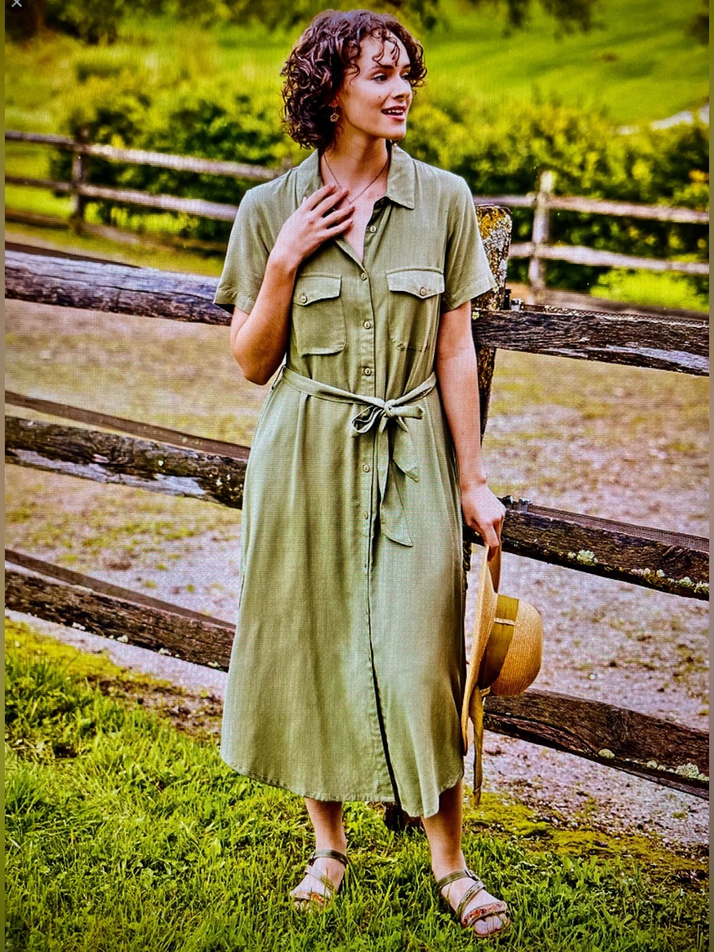 April Cornell Kalahari Dark Sage Green Button-Front Belted Shirt Dress